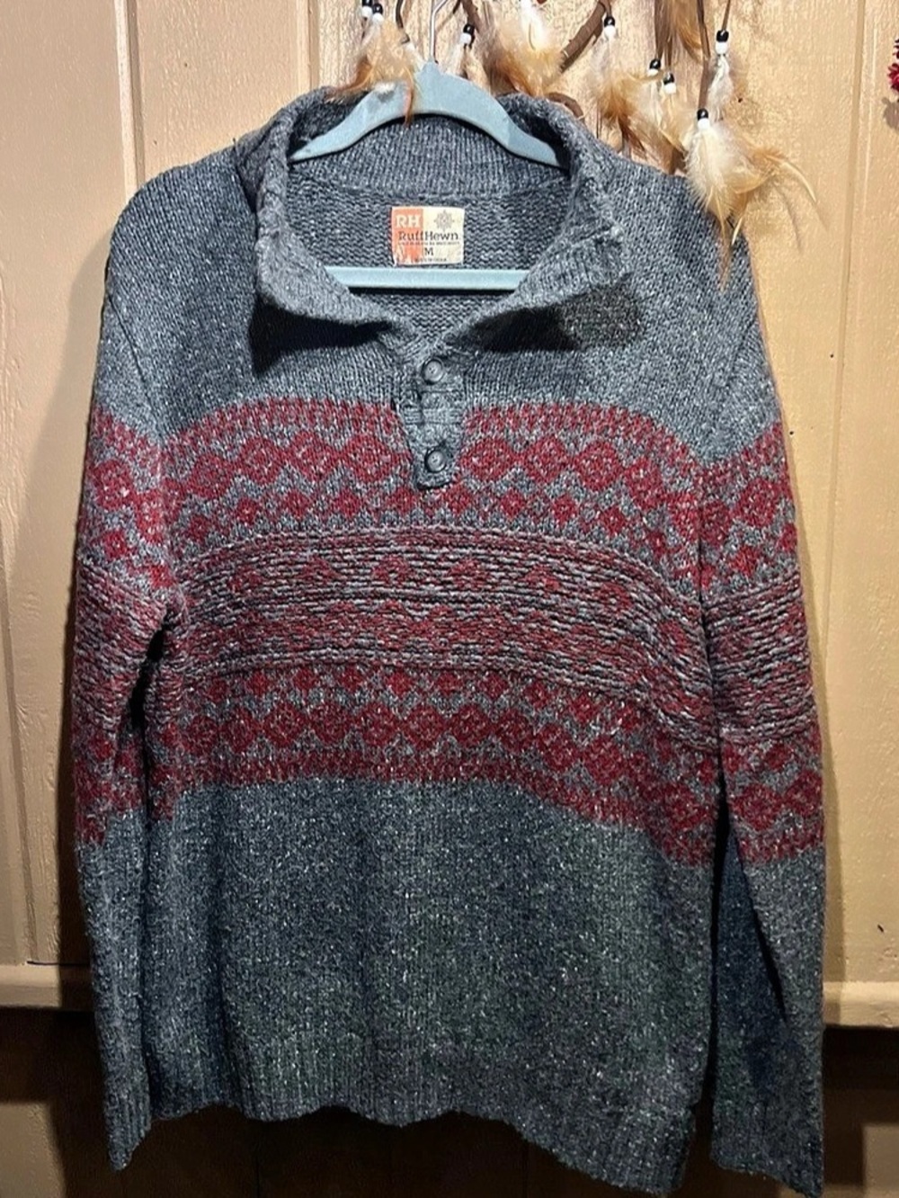 Ruff Hewn NORDIC Geometric Knit Sweater in Gray & Red Size Medium/Large